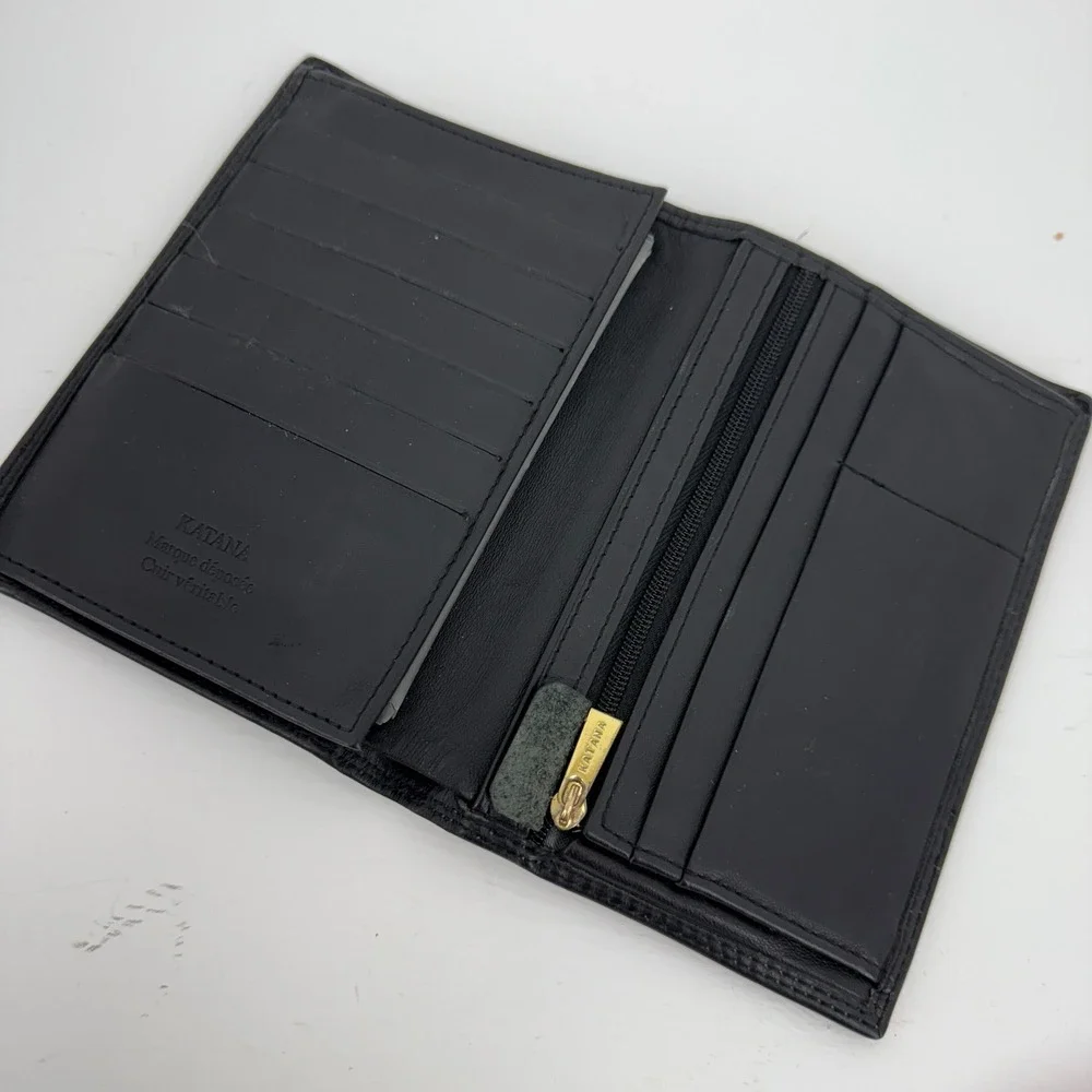 Katana Mens Black Leather Trifold Wallet Vertical Zip Pocket ID Windows
